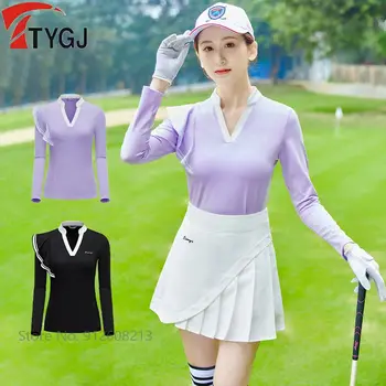 TTYGJ Dámy Prehrabať Rukávy Športové tričko kórejský V-neck Golf Košele, Dlhé rukávy Elastické Topy Lete Ženy Golfové Oblečenie S-XL