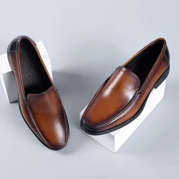 Nové 2023 Vintage Brown Mužov Formálne Šaty, Topánky Pravej Kože Pošmyknúť Na Štýlové Mužov, Kožené Business Mokasíny Topánky