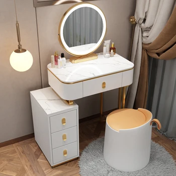 biely Luxusný toaletný stolík Bridlice toaletný stolík Moderný Minimalistický Malá Spálňa Toaletný Stolík LED Ochrana Očí Svetlo Spálne Nábytok HY