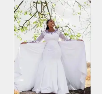 Africká žena čisto Biely ilúzie dlhé rukávy plesové Šaty, Trúbka Morská víla Svadobné Šaty odnímateľný vlak