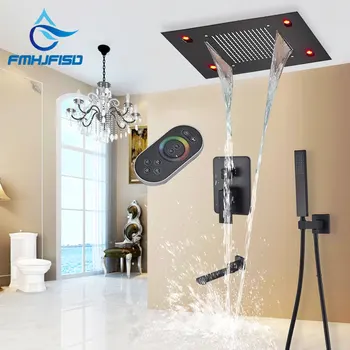 Kúpeľňa Batérie, Sprchovacie Systémy, LED Sprcha Set Black Zrážok Kúpeľňa Stropná Montáž Sprcha Kohútikov Vodopád Náustok chuveiro