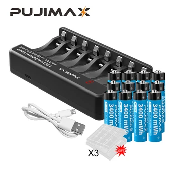 PUJIMAX AA 1,5 V 3400mWh Nabíjateľná Li-ion Batéria S 8-slot Lítiové Batérie, Nabíjačka, USB Kábel S 8Pcs Pre Baterku Hračka