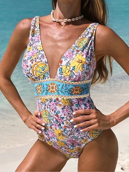 Sexy tvaru s uväzovaním za jednodielne Plavky 2023 Ženy Kvetinový Tlač dámske Plavky Vysoký Pás Push Up plavky Bikiny, Monokiny