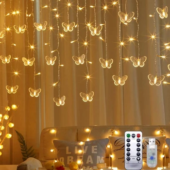 Motýľ Opony Svetlá, 120 LED USB Powered Víla Opony String Svetlá s 8 Módov a Diaľkové Ovládanie pre Vianočný Dekor