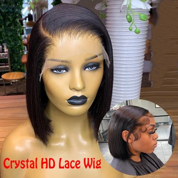 Krátky Rovný Bob Crystal HD 13x4 Predné Čipky Parochne Ľudských Vlasov Brazílskym Pixie Strih Krajky Čelnej Parochne Pre Ženy Glueless Vlasy