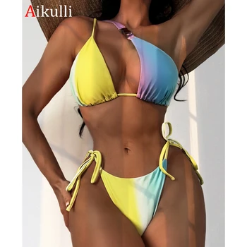 Sexy Jedného Pleca Bikiny, Plavky Ženy Push Up Plavky 2023 Nové Rainbow Gradient Farba Plaviek Plavecké Plavky Brazília