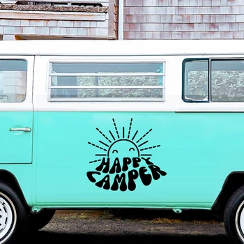Moderné Happy Camper Slnko Van Truck Auto Nálepky Odtlačkový Cestovné Dobrodružstvo pre Camper Rv Obytné Karavany Vinyl Dekor