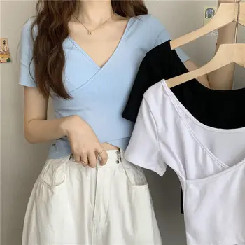 Dámske Sexy Kríž tvaru Slim-Krátke Rukávy T-Shirt 2023 Lete Nové kórejské Dievčatá Bežné Farbou Plodín Topy