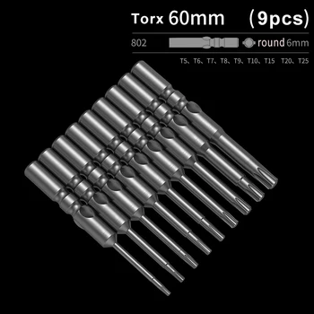 9pcs/set S2 oceľ Elektrické 802 kolo drieku 6 mm skrutkovač Torx bit príslušenstvo T5 T6 T7 T8 T9 T10 T15 T20 T25 60 mm dĺžka Nástroje