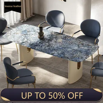 Taliansky Jedálenský Stôl Obdĺžnik Modrej Textúru Skaly Panel Stola Stabilný Rám Rohu Tabuľky Luxusný Mesa Comedor Bytový Nábytok