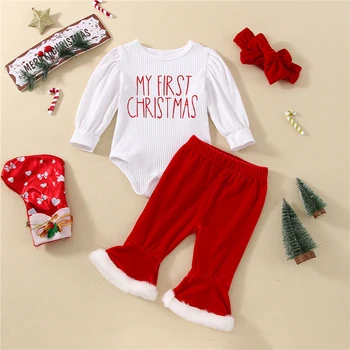 3ks Dieťa Dieťa Dievča Vianočné Oblečenie s Dlhým Rukávom List Rebrovaný Romper + Red Velvet Obličkového Nohavice + hlavový most Set