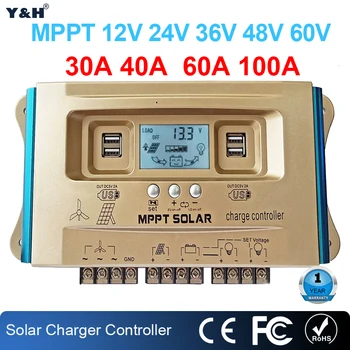 Y&H 30A 40A 60A 100A Vietor Solar Hybrid MPPT Regulátor LCD Duálny USB 12V 24V 36V 48V 60V Nabíjania Batérie Regulátor