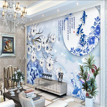 beibehang Čínsky Lotus modrá biele porcelánové Veľké steny papiere domova HD Kvetinové Pozadie 3D nástenná maľba wallpaer pre Obývacia Izba