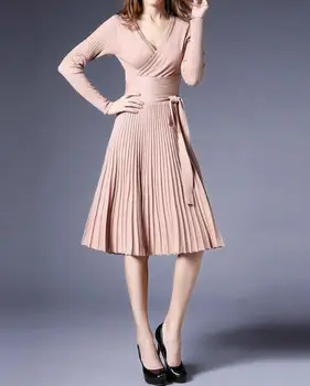 Dámske Pletené Skladaný tvaru Midi Šaty Vysoký Pás Bowtie Čipky Vintage Ženy Šaty 2022 Letné Módy Ženské Oblečenie