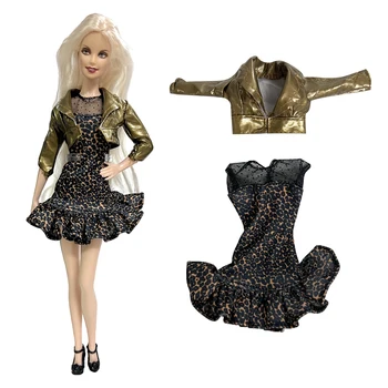 NK Úradný 1 Sada Bábika Študent štýl šaty súbor: klope krátka bunda+leopard vzorované šaty Pre Bábiku Barbie hračka príslušenstvo