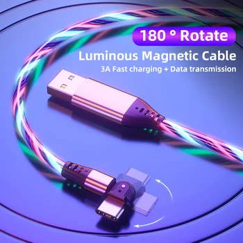 180 Stupeň USB Typu C Kábel Magnetický Tok Svetelný Nabíjanie Mobilného Telefónu Kábel 3A Rýchle Nabitie Drôt USB C Kábel pre Iphone