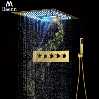 M Boenn 4 Funkcia Hudby Zlato Sprcha Systém Nastaviť Zabudované LED Dážď ShowerHeads Kúpeľňa, Termostatické Veľký Prietok Vody Sprchové Batérie