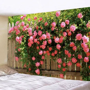 Gobelín Estetika Spring Flower Plot Gobelín Pink Rose Rastlina, Kvet Wall Garden Okna Prírodné Scenérie Domáce Dekorácie