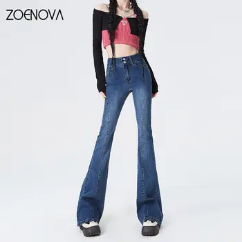 ZOENOVA 2023 Nové Elegantné dámske Retro Bežné Street Style Modelky Oblečenie Y2k Nohavice Vysoký Pás Denim Stretch Rovné Džínsy Rozevlátý