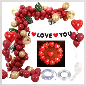 Valentína Rustikálny Červený Balón Arch Party Dekorácie Auta, MILUJEM ťa Banner, Srdce Balónmi a Sviečky, Palmové Listy