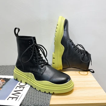 Luxusný Dizajn Mens Platformu Chelsea Boots Hrubé Dno Split Kožené Členkové Topánky Mužská Obuv Kolo Prst Krajky-up s Topánky
