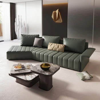 Minimalistický zelená zakrivené tvaru l sedacia súprava, nábytok obývacej izby, pohovky, moderný taliansky luxusná kožená sedačka