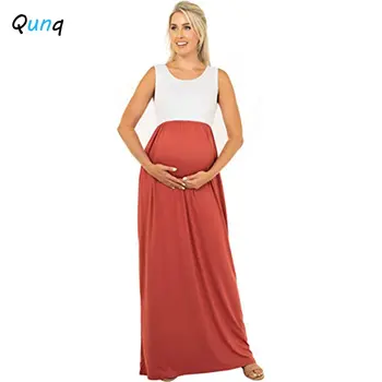 Qunq 2023 Lete Nové Tehotenstva Oblečenie Ženu Sexy O Krk Bez Rukávov Vysoký Pás Patchwork Bežné Členok-Dĺžka Materskej Šaty