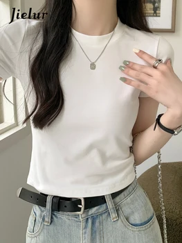 Jielur Lete kórejský Slim O-Krku jednofarebné dámske Tričká, Bavlna Fashion T-shirt Žena Čierna Biela Červená Základné Jednoduché T-Shirts