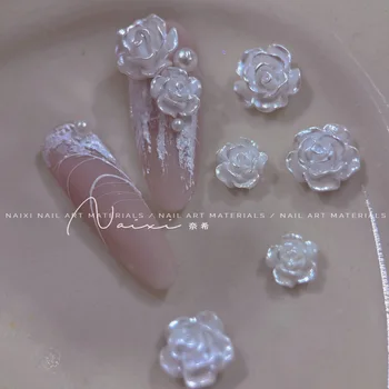 100ks Aurora/Biela Camellia Nail Art 6m/8mm 3D Živice Camellia Crystal Drahokamu DIY Lete 3D Camellia Manikúra Časti ZCF-10