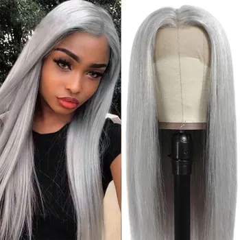 Syntetické Vlasy Predné Čipky Parochne Silver Grey Farba Dlhé Rovné Tepelne Odolné Vlákna Prírodné Vlasové Uprostred Lúčenie Pre Ženy
