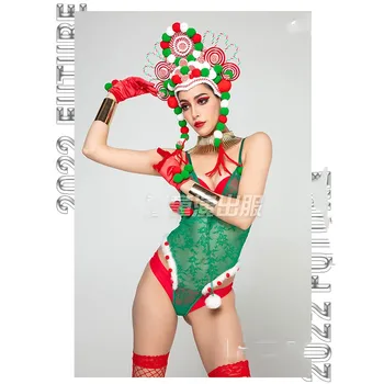 Originálny dizajn Vianočné gogo kostým zelenej čipky conjoined bar sexy národnej vietor ds kostým dievča