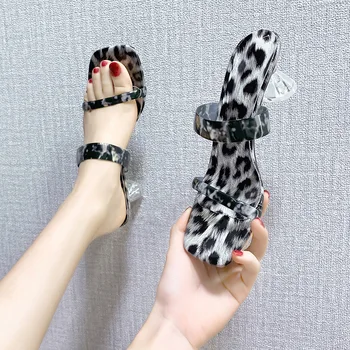 dvojité kapela sexy leopard papuče ženy plexiskla vysoké podpätky letné topánky dámske sexy otvorené prst podivné podpätky PVC flip flops 2023