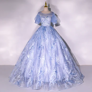 Móda Modrá Princezná Quinceanera Šaty Lištovanie Čipky Ilúzie Vestidos De 15 Podlahy-dĺžka Lesklé Sequined Loptu Šaty Plus Veľkosť