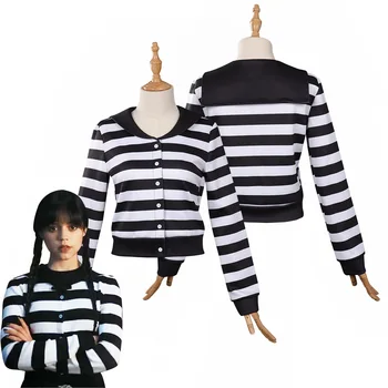 Streda Addams Cosplay Kostým Vytlačené Stripe Tričko Kabát Oblečenie Top Halloween Karneval Party Oblek Pre Dospelé Ženy, Dievčatá