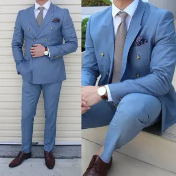 Nový Príchod Mužov Double-breasted Modré Obleky Formálne Tuxedos Prom Business Slim Obleky šité Sako 2 Kusy(Bunda+Nohavice)