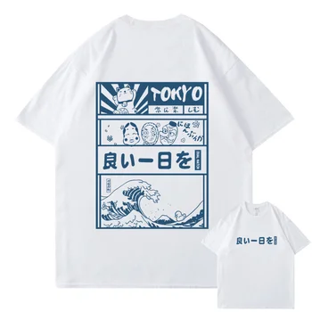 Camiseta de Hip-Hop para hombre, camisa de manga corta de algodón, estilo japonés, Kanji, gran ola, Tokio, Verano