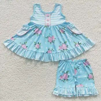 Hot Predaj Vlastných RTS Deti Letné Oblečenie Boutique Batoľa Dievčatá Pestrých Kostýmoch Deti Modrá Kvetinové Sady