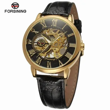 2019 3d Logo Dizajn Duté Rytie Čierne Zlato Prípade Kožené Kostra Muži Mechanické Hodinky, Luxusné Značky Heren Horloge