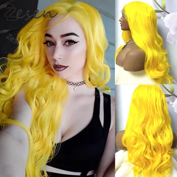Svetlo Žltá Glueless Čipky Parochne Pre Ženy Syntetické Telo Vlna Čipky Dopredu Parochňa Detská Vlasy Vysokej Teplote Vlákno Vlasy Cosplay