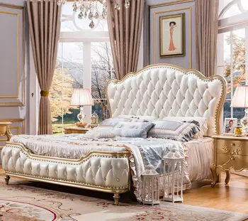 Európska dvojité kožené postele z masívu hlavné posteľ francúzskeho luxusný palác štýl 1.8 m king bed
