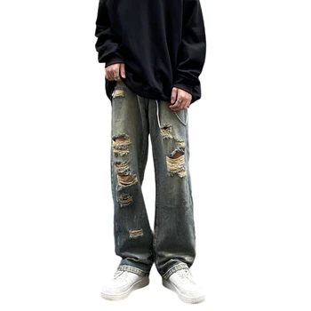 High street Americký umývanie roztrhané džínsy voľné rovno hip hop výbuch ulici retro nohavice pre mužov