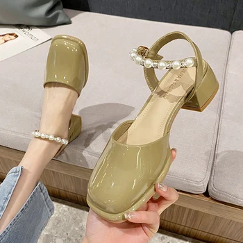 Japanned Koža Pearl kapela mary janes sandále ženy štvorcové prst zadný popruh gladiator sandalias 2023designer med-hgih podpätky, topánky