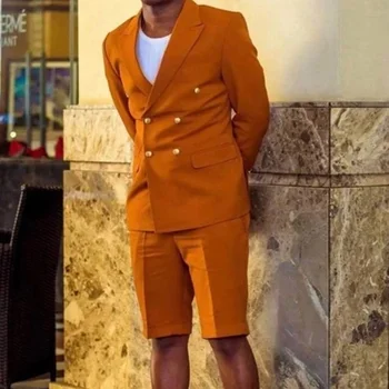 Móda Orange Summer Muži Obleky slim Nohavice Sako Ženícha Dvojité Breasted Večeru Nosenie Svadobné 2Pieces(Bunda+Krátke Nohavice)