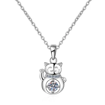 Móda JewelryS925 Mincový Striebro moissanite Náhrdelník Žena Roztomilý Fortune Mačky Imitácia Diamantový Náhrdelník Reťazca