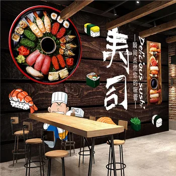 Vlastné Sushi Tmavé Drevené Dosky Papier Pozadí Steny 3D Japonskej Kuchyne Reštaurácia Sushi Bar Priemyselné Dekor nástenná maľba Tapety