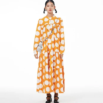 Johnature Originálne Módne Vlny Bodu-Line Voľné Šaty Pre Ženy 2023 Jeseň Nový O-krku Orange Cake Šaty