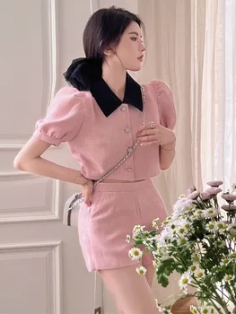 Malé Voňavé Dve Kus Ženy Oblečenie 2023 Lete kórejský Módne Krátky Rukáv, Ružová Bunda Topy + Mini Sukne dámske Odevy