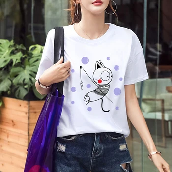 Mačka Tlače Vtipné Tričká Žena O-krku Biele tričko kórejský Roztomilý Módne Graphic Tee Tričko Ženy Harajuku Kawaii Streetwear
