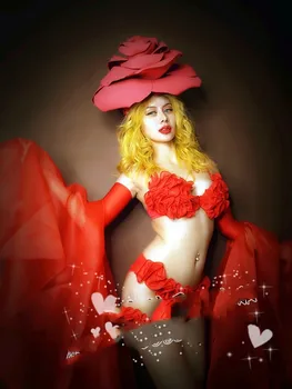 Kostým veľký kvet headdress červené a biele čipky bikini sexy gogo rukáv priadza tanečných kostýmov, tanec DS