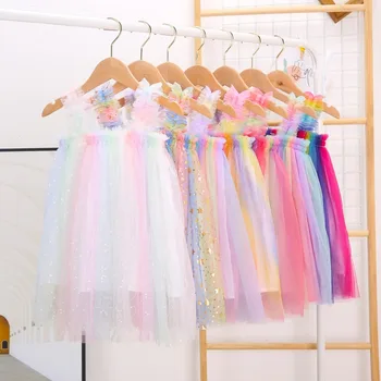 Letné Detské Dievčenské Šaty Rainbow Prekladané Podväzkové Oka Baby Šaty Vyšívané Hviezdy Princezná Biele Šaty Batoľa Dievča Oblečenie